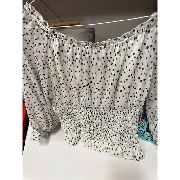 Anthropologie Blouse Women's Sz M Cream Black Swiss Dot Smocked Off the Shoulder - Picture 5 of 7